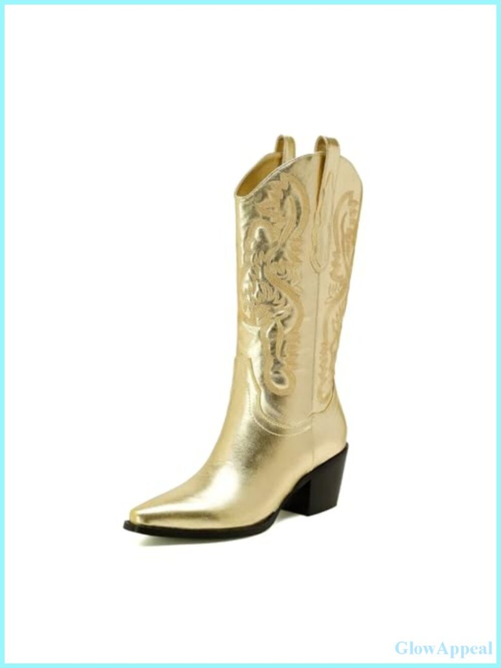 Embroidered Western Cowboy Boots Mid Calf Metal PU Pointed Toe Mid Heel Pull On